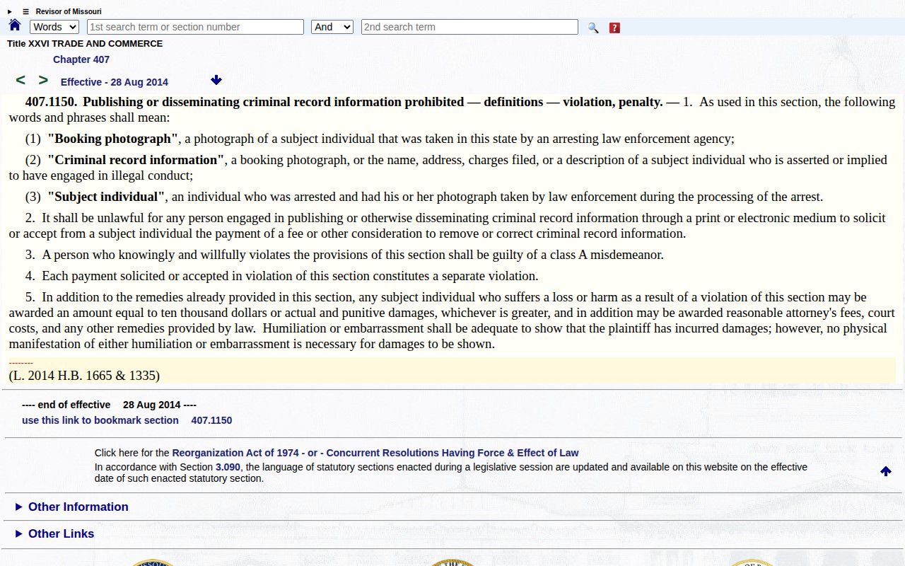 Missouri statute 407.1150 concerning payment to remove or correct arrest photographs