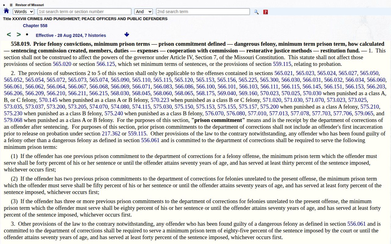 Missouri statute covering specified minimum prison term percentages