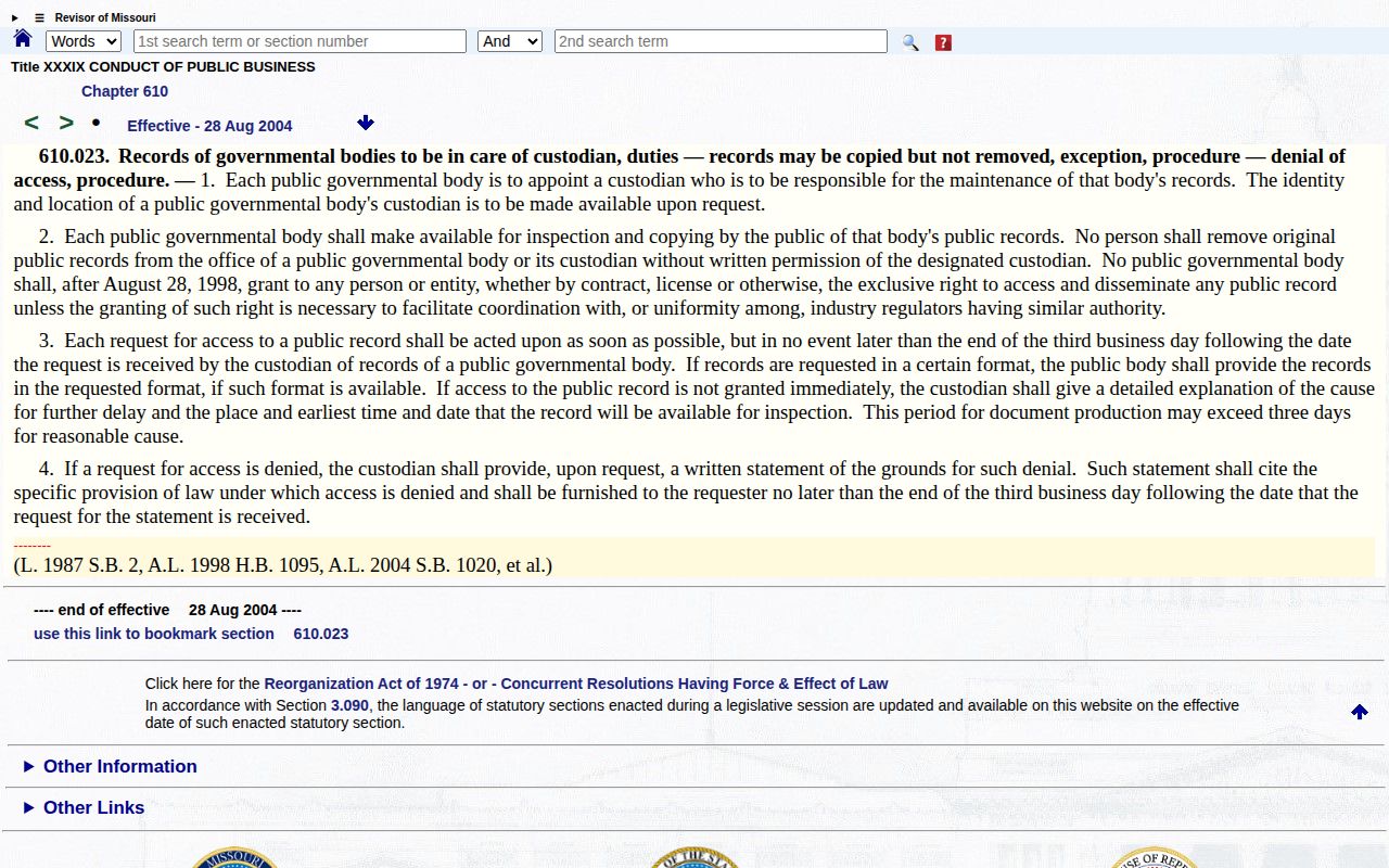Missouri statute showing the public records response framework