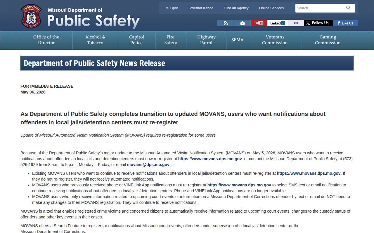 Missouri DPS announcement explaining the May 2026 MOVANS transition for Ray County users